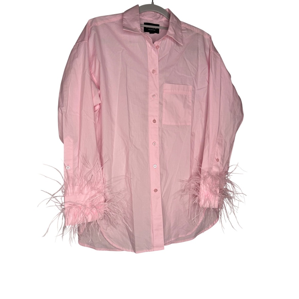 J.Crew Collection Pink Feather Trim Cotton Button Down Shirt Size 2